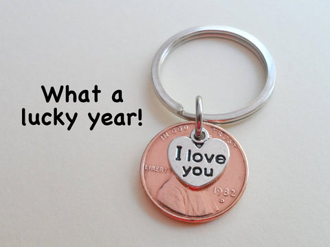 I Love You Heart Charm Layered Over 1982 Penny Keychain; 43 Year Anniversary Gift, Couples Keychain