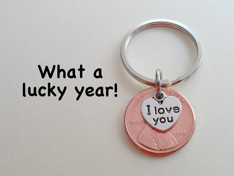 I Love You Heart Charm Layered Over 1988 Penny Keychain; 37 Year Anniversary Gift, Couples Keychain