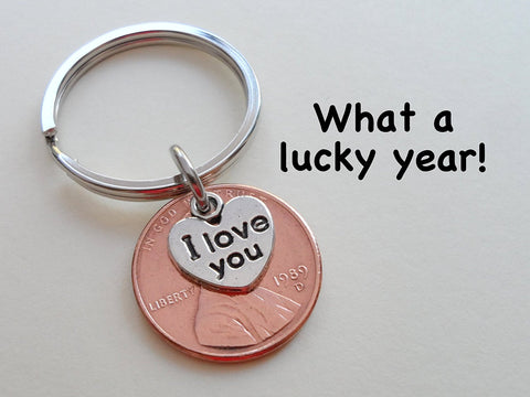 I Love You Heart Charm Layered Over 1989 Penny Keychain; 36 Year Anniversary Gift, Couples Keychain