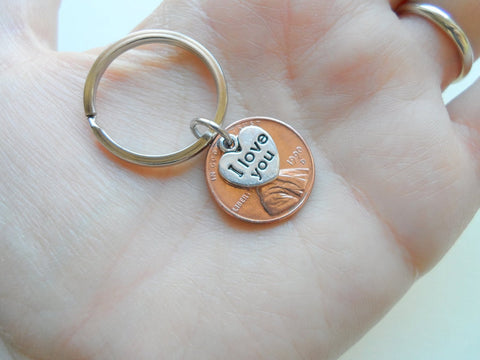 I Love You Heart Charm Layered Over 1990 Penny Keychain; 35 Year Anniversary Gift, Couples Keychain