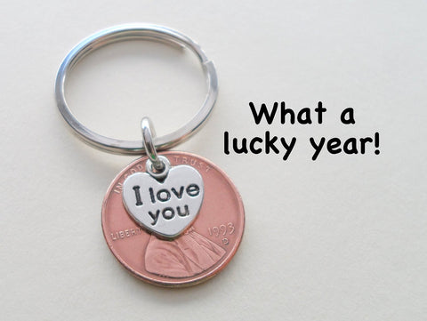 I Love You Heart Charm Layered Over 1993 Penny Keychain; 32 Year Anniversary Gift, Couples Keychain