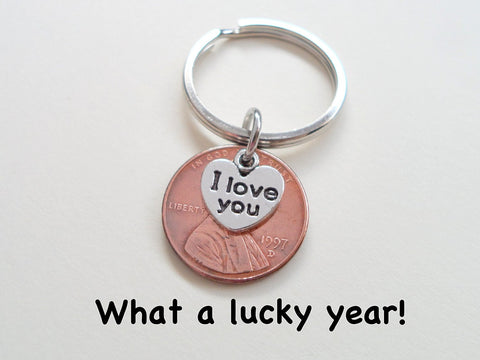 28 Year Anniversary Gift • I Love You Heart Charm Layered Over 1997 Penny Keychain by Jewelry Everyday