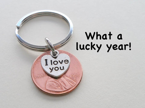 27 Year Anniversary Gift • I Love You Heart Charm Layered Over 1998 Penny Keychain by Jewelry Everyday