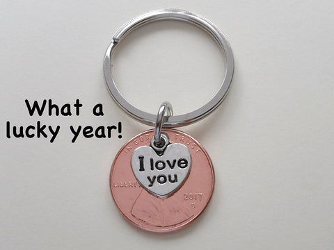 I Love You Heart Charm Layered Over 2017 Penny Keychain, Couples Keychain