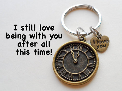 "I Love You" Heart Charm with Bronze Clock Keychain - I Still Love Being With You After All This Time; Couples Keychain