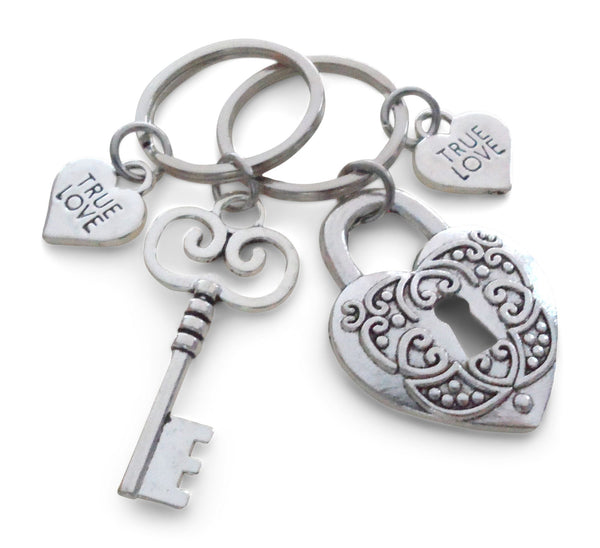 Key and Heart Lock Charm Keychain Set with True Love Heart Charms - Key To My Heart; Couples Keychain Set