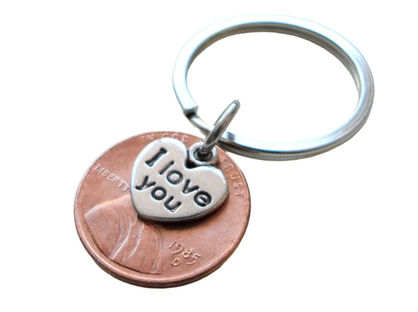 I Love You Heart Charm Layered Over 1985 Penny Keychain; 40 Year Anniversary Gift, Couples Keychain