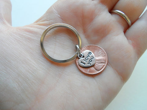 I Love You Heart Charm Layered Over 1985 Penny Keychain; 40 Year Anniversary Gift, Couples Keychain