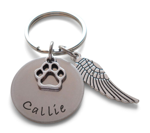 Custom Engraved Disc Keychain with Paw Print Charm & Wing Charm, Pet Loss, Dog Memorial Keychain, Family Pet Memorial Keychain