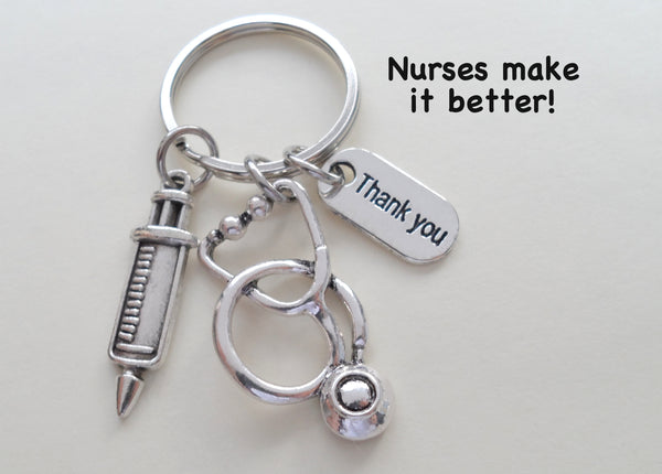 Employee Appreciation Gifts • Nurse Keychain w/ Stethoscope, Shot, & "Thank You" Tag by JewelryEveryday w/ "Nurses Make It Better" Card