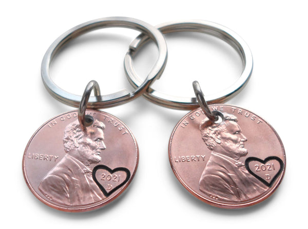 Double Keychain Set 2021 US One Cent Penny Keychains with Heart Around Year; 4 Year Anniversary Gift, Couples Keychain
