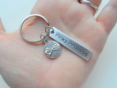 Pinky Promise Charm Keychain With Engraved Rectangle Tag; Couple Keychain, Promise Gift