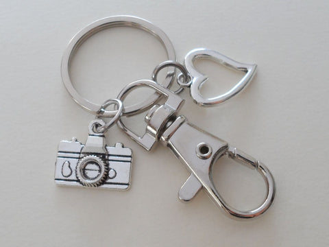 Camera Charm Keychain with Heart Charm and Swivel Clasp, Photographer Keychain