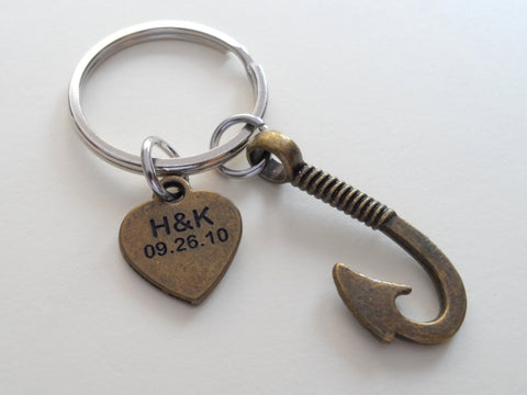 Personalized Bronze Fish Hook Keychain - I'm Hooked On You; Couples Keychain