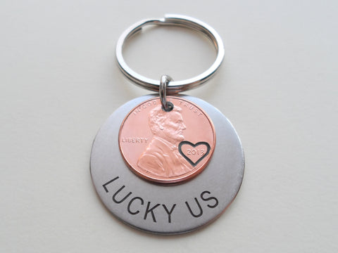 Custom Engraved Steel Disc Keychain Layered with Penny and Heart Around Year, Personalized Option