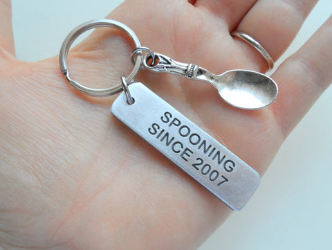 Spooning Since Aluminum Keychain, Custom Engraved Keychain Anniversary Gift with Spoon Charm