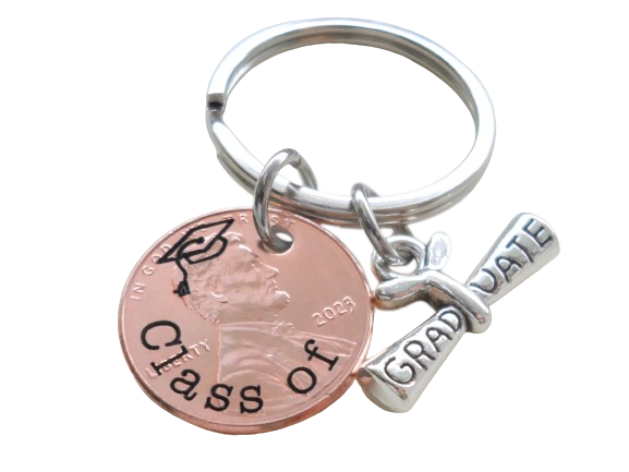 Class of 2024 Engraved Cap on Head Good Luck Penny Keychain with Graduate Scroll Charm, Graduation Keychain