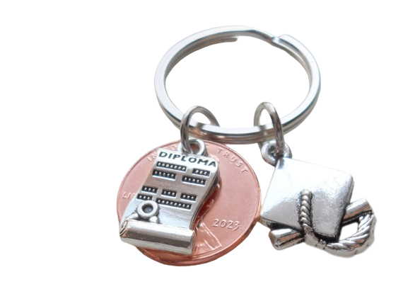 Diploma Charm Layered Over 2024 Penny Keychain - Good Luck to the New Graduate; Hand Made; Graduation Gift