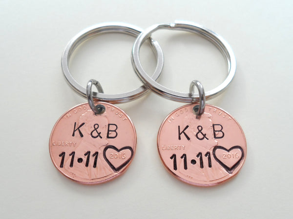 Personalized Double Set Penny Keychains Custom Hand Stamped and Heart Around The Year