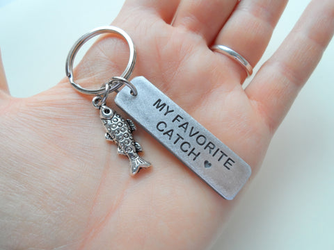 Fish Keychain with My Favorite Catch Engraved Aluminum Tag; Couples Keychain, Personalized Option