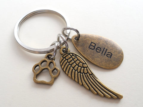 Bronze Charm Dog Memorial Keychain • Custom Engraved Teardrop Shaped Tag with Wing & Paw Charm | JE