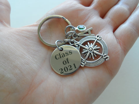 Custom Graduation Compass Charm Keychain with Class of 2025 Disc Charm, Personalized Graduate Keychain, Gift for Graduate