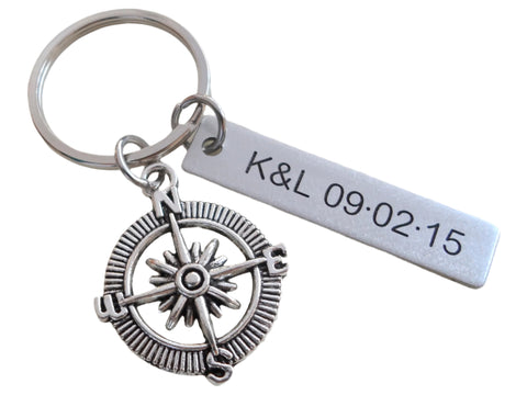 Metal Compass Charm Keychain with Small Anchor Charm - I'd Be Lost Without You; Couples Keychain, Custom Engraved Tag Option