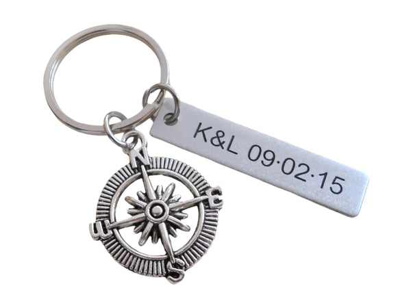 Compass Charm Keychain with Custom Engraved Tag Option