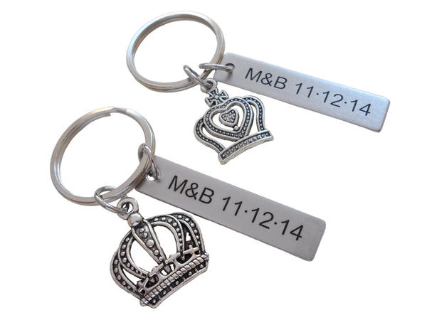 Silver Tone King and Queen Crown Keychain Set Custom Engraved - King & Queen; Couples Keychain Set
