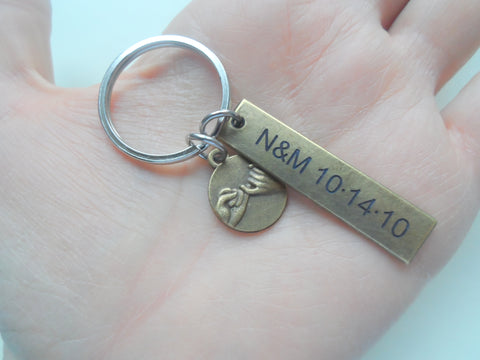 Bronze Pinky Promise Charm Keychain with Custom Engraved Tag, Couples Gift