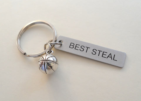 Basketball Keychain and Steel Tag Engraved with "Best Steal" Basketball Fan Keychain Gift