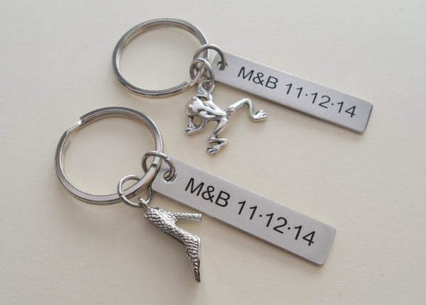 Frog Prince Keychain and Princess Shoe Keychain with Stainless Steel Tag Custom Engraved; Couples Keychains