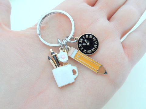 Mug, Pencil, & Clock Charm Keychain for Office Assistant Gift Keychain, Executive Assistant Gift, Administrative Assistant Gift, Thank You Gift, Teacher Appreciation Keychain Gift