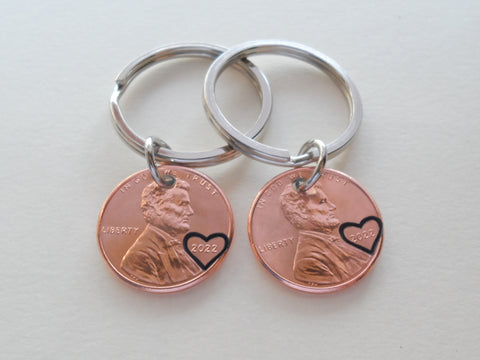 Double Keychain Set 2022 US One Cent Penny Keychains with Heart Around Year; 3 Year Anniversary, Couples Keychain