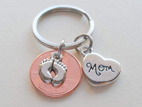 Mom Heart Charm & Baby Feet Charm Layered Over Penny Keychain Mother's Keychain, Baby Shower Keychain
