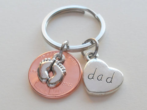 Dad Heart Charm & Baby Feet Charm Layered Over Penny Keychain Father's Keychain, Baby Shower Keychain