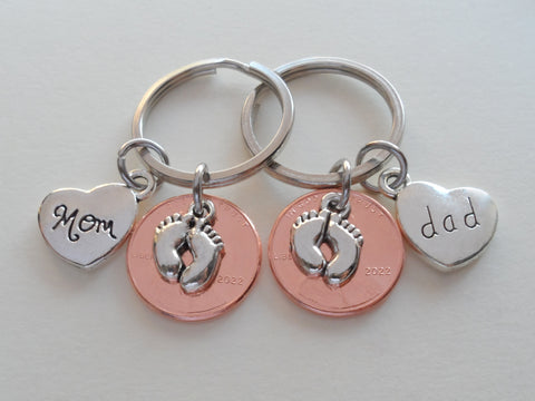 Mom & Dad Heart Charm & Baby Feet Charm Layered Over Penny Keychain Set, Mother's & Father's Keychain, Baby Shower Keychains