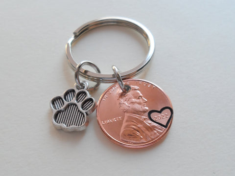 2022 US One Cent Penny Keychain with Heart Around Year & Paw Print Charm, New Pet Adoption Keychain