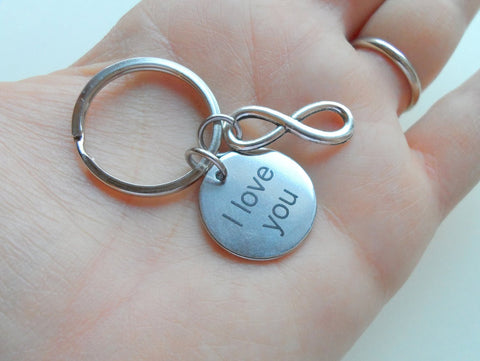 Saying Disc with Infinity Charm, "I Love You" Engraved Saying Stainless Steel Disc Keychain