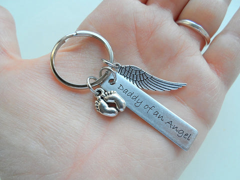 Set of 2 Keychains, Daddy of an Angel & Mommy of an Angel Engraved Baby Memorial Keychains, Wing & Baby Feet Charm