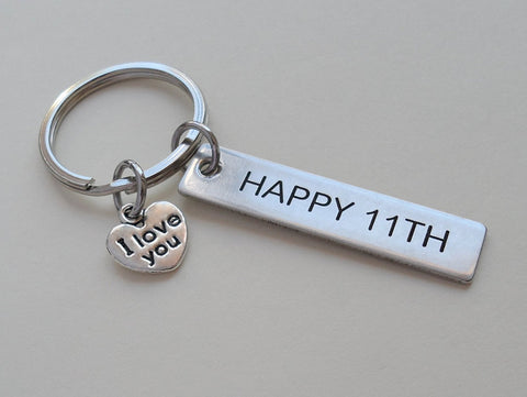 Stainless Steel Tag Keychain Engraved with Happy 11th, with I Love You Charm