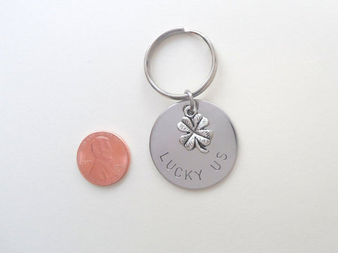 Custom Engraved Disc Keychain with Shamrock Clover Charm; Couples Keychain