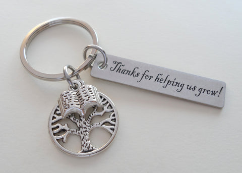 Teacher Appreciation Gifts • "Thanks for helping us grow!" Engraved Steel Rectangle Tag w/ Tree & Book Charm Keychain by JewelryEveryday