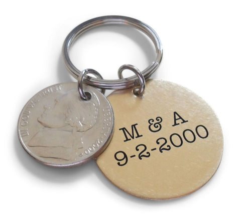 Custom Engraved Brass Disc Keychain with Nickel & Brass Infinity Charm, 21 Year Anniversary Gift, Personalized Key Chain