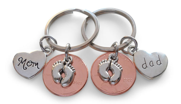Mom & Dad Heart Charm & Baby Feet Charm Layered Over Penny Keychain Set, Mother's & Father's Keychain, Baby Shower Keychains