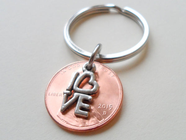 Word Love Charm Layered Over 2015 Penny Keychain, 7th Year Anniversary Gift, Birthday Gift, Couples Keychain