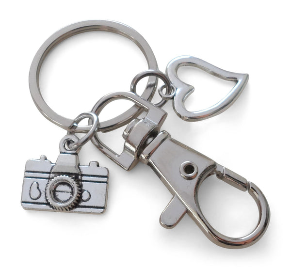 Camera Charm Keychain with Heart Charm and Swivel Clasp, Photographer Keychain