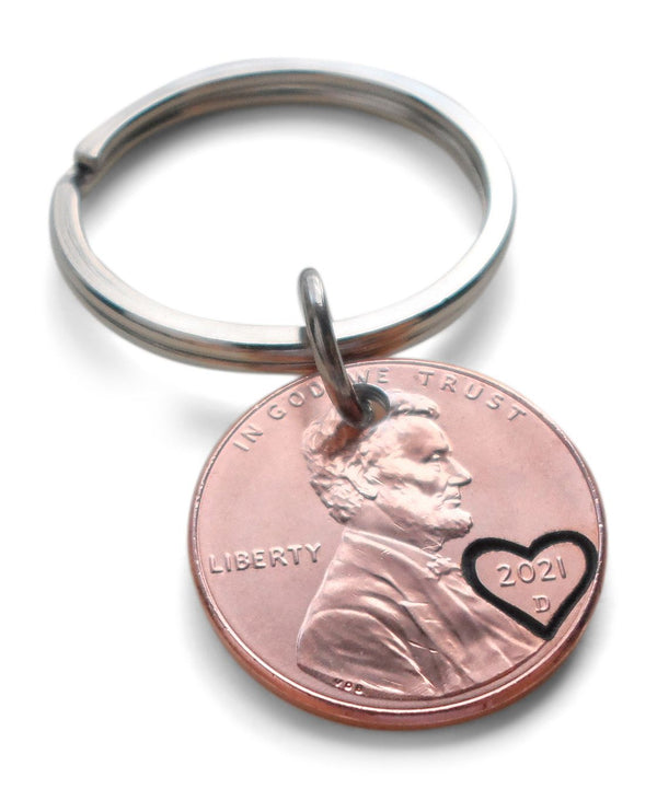 2021 US One Cent Penny Keychain with Heart Around Year; 4 Year Anniversary Gift, Couples Keychain