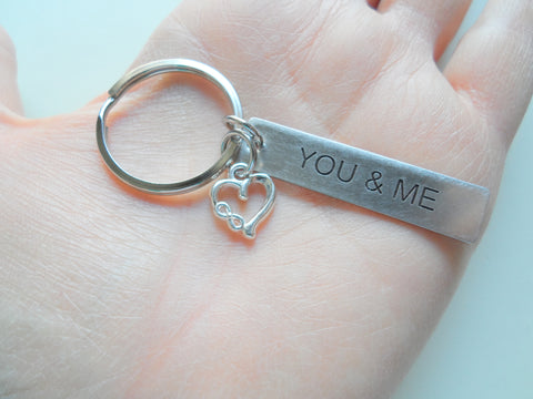 11 Year Anniversary Gift • Stainless Steel Tag Keychain Engraved w/ "You & Me" w/ Heart Charm with Infinity Symbol by JewelryEveryday