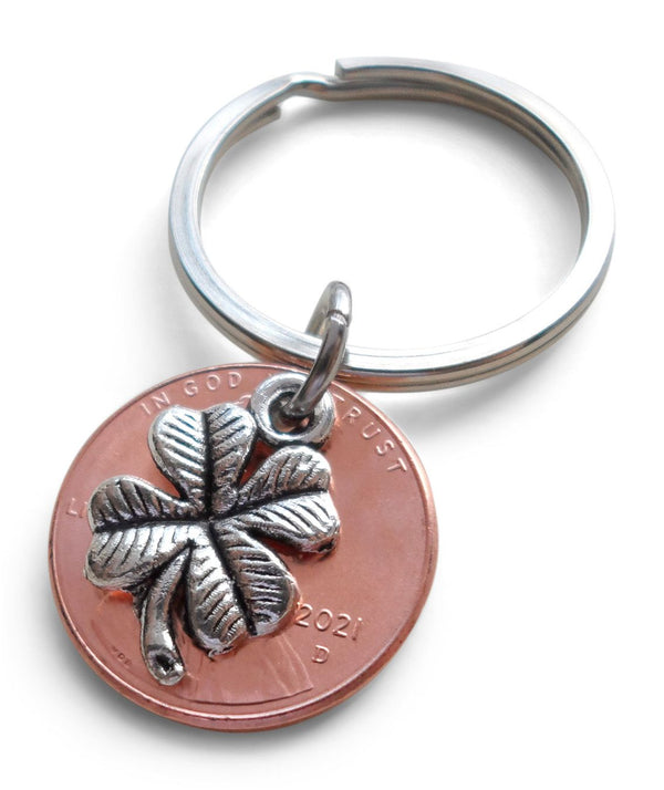 Clover Charm Layered Over 2021 US One Cent Penny Keychain; 4 Year Anniversary Gift, Couples Keychain
